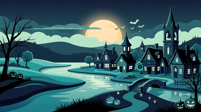 A beautiful pixel art landscape featuring a small medieval village by a river under a large full moon