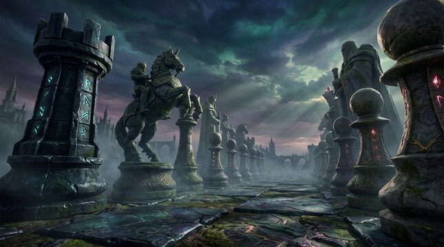Epic Chess Battleground with Giant Stone Pawns and Knight Under Dramatic Sky