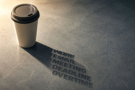 Coffee Cup Casting a Long Shadow of Work Tasks and Overtime