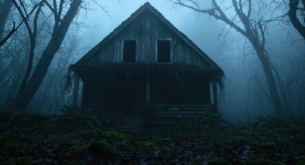Naklejka premium House silhouette in an abandoned creepy forest with misty night horror atmosphere