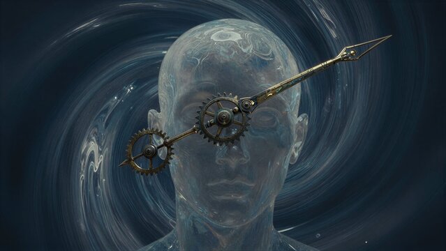 Transparent head with gears and clock hands, swirling vortex background.