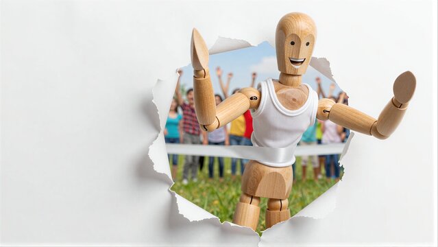 Wooden figure joyfully peeking through torn paper, revealing cheerful crowd behind.