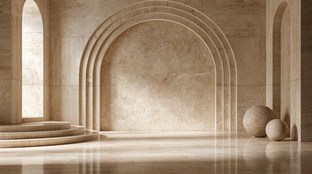 Minimal beige arched interior with stone spheres