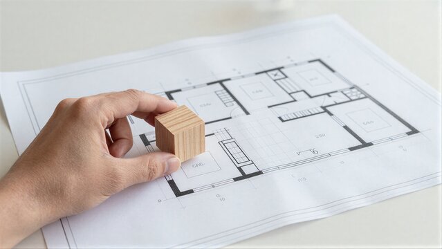Hand holds wooden block above architectural blueprint on desk.