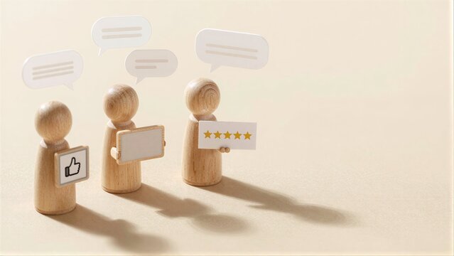 Three wooden figures symbolize customer feedback, ratings, and approval.