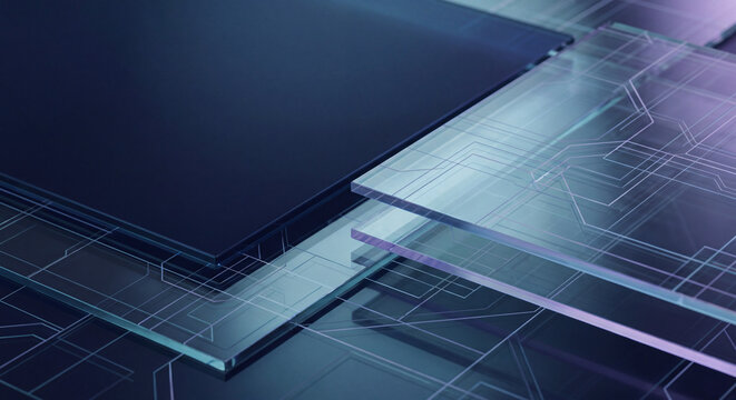 Abstract blue technology background with digital circuit board patterns and glass layers representing data transmission and modern innovation