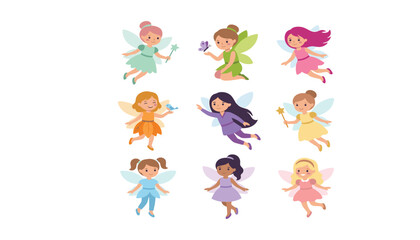 Obraz premium Cute flying little fairies vector illustration set featuring beautiful magical girls with butterfly wings, wands, and colorful hairstyles.