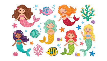 Obraz premium Cute little mermaids collection with colorful fish sea corals starfish shells and bubbles under the ocean water