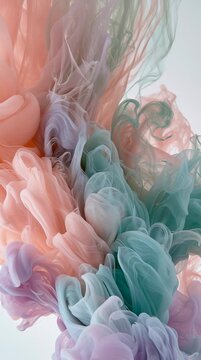 Swirls of blush pink and lavender paint gently drift and mix together in an artistic arrangement while floating above a light surface