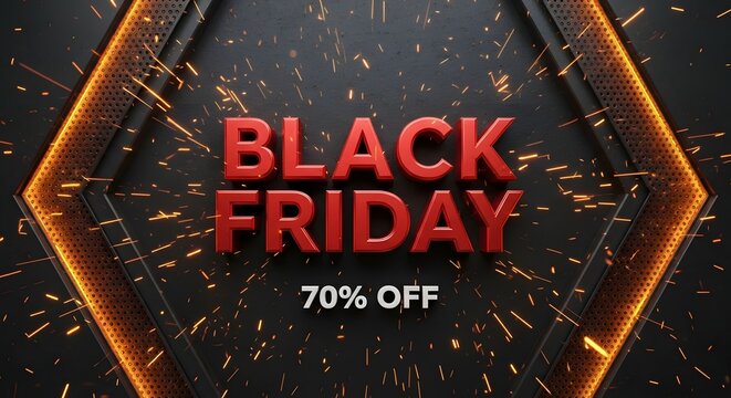 Black friday sale banner with 70 percent off and glowing sparks