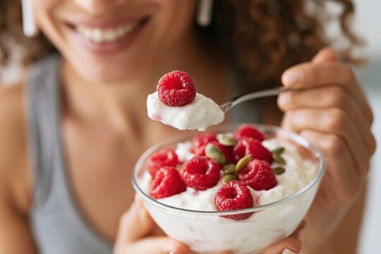 Yogurt with fresh raspberries for a healthy breakfast eaten by a woman with spoon