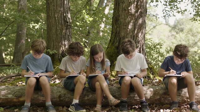Five children write in notebooks while sitting on a log in a sunlit forest.