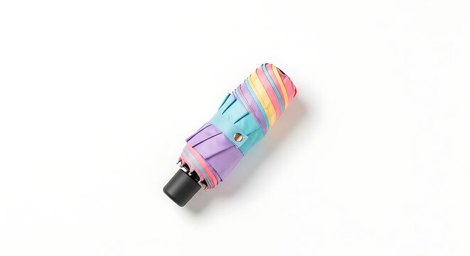 Colorful compact umbrella with rainbow design.