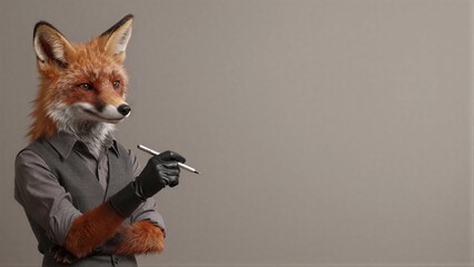 Naklejka premium A fox in a suit holds a pen, poised for thought against a plain background.