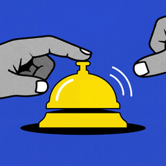 Fototapeta premium A stylized, pop art illustration featuring a yellow service bell being pressed by a hand, set against a bold blue background with a halftone texture.