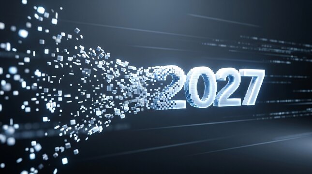 futuristic 2027 new year digital data dispersion concept background 3d render - ai generated