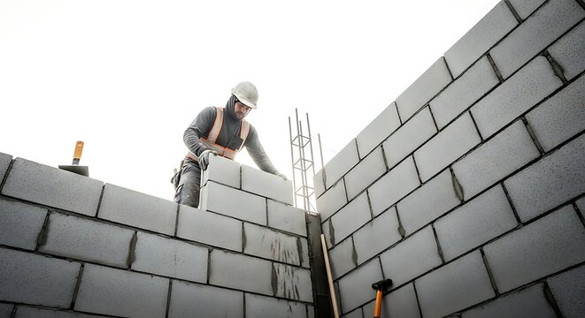 Construction worker building brick wall.