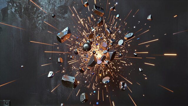 Explosive metal fragments scatter in dazzling sparks against a dark, textured background.