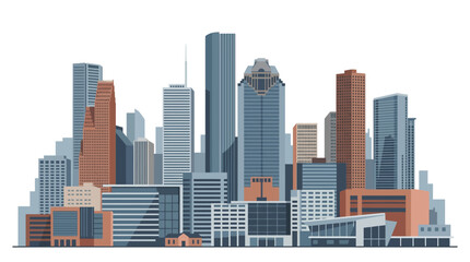 Fototapeta premium Flat vector illustration of a modern city skyline featuring diverse skyscrapers, office buildings, and high-rise architecture isolated on a white background for professional design.