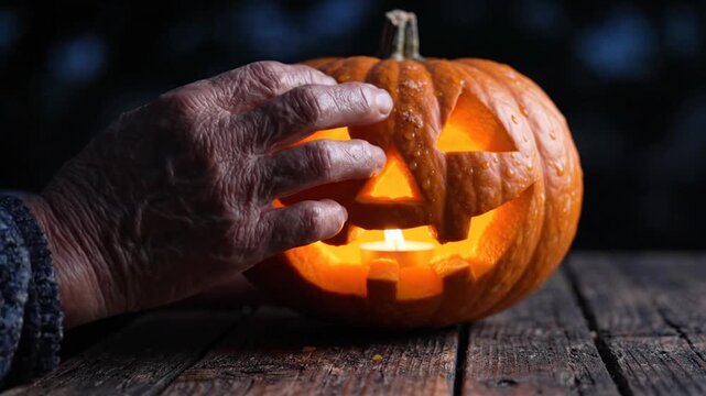 Close up of hands adjusting a glowing Jack o lantern on a wooden table