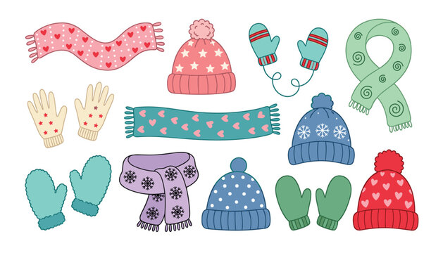 Cute winter clothes accessories vector set with cozy knitted hats scarves and mittens for cold weather season