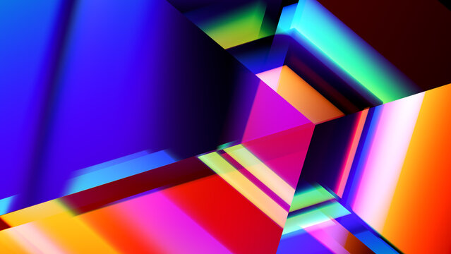 Colorful glass geometry with intersecting cubes and intense spectral reflections. Futuristic background with geometric glass forms and vibrant prismatic colors for creative visual projects. 3d render