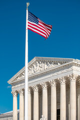Naklejka premium Supreme court courthouse in political system. Supreme court building under blue sky. Supreme court landmark of democracy. Supreme court symbol with federal authority.