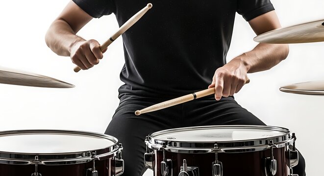 Drummer playing drums with drumsticks music.