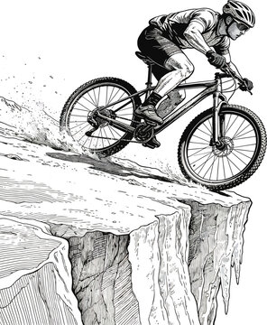 Mountain biker riding on cliff edge vector illustration of extreme cyclist descent on dangerous snowy precipice in black and white sketch style