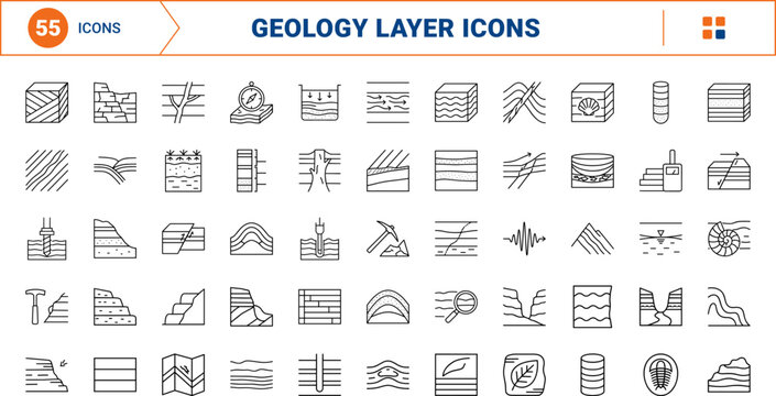 Rock strata lines line icon set. Vector pictograms of geology, stratigraphy, soil, and layers elements, thin linear illustration.
