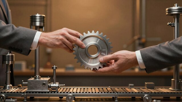 Two hands exchange a metallic gear, symbolizing collaboration in mechanical engineering.