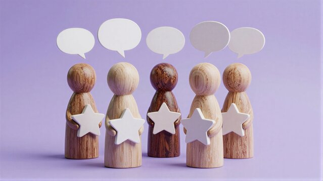 Wooden figures hold stars, each with a speech bubble above their head.