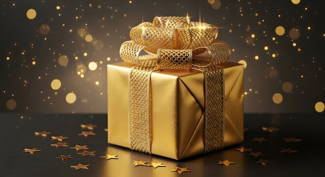 Golden gift box with bow and star confetti