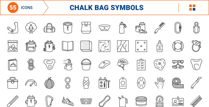 Chalk bag line icon set. Vector pictograms of climbing, bouldering, rock, and bucket elements, thin linear illustration.
