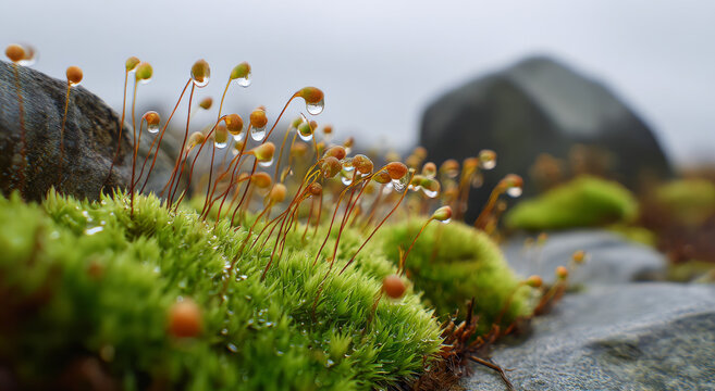 Close up macro shot of vibrant green moss with delicate orange sporophytes and water droplets on rocky surface in soft natural light
