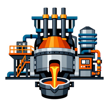 A flat vector illustration shows a heavy industrial blast furnace pouring molten metal.