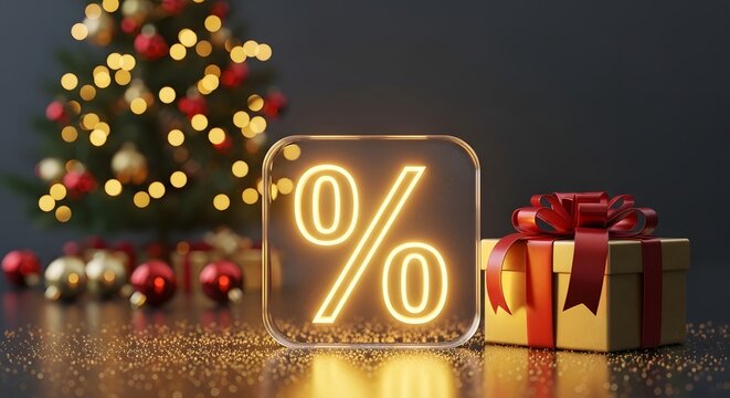Golden gift box with red ribbon and glowing percentage sign