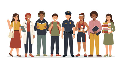 Fototapeta premium Diverse group of multiethnic people standing together representing various occupations professions and jobs vector flat illustration isolated