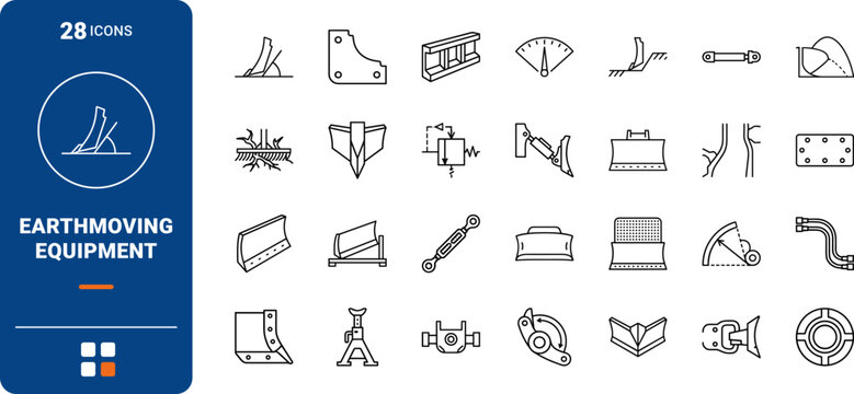 Bulldozer push blade equipment line icon set. Vector pictograms of earthmoving, grading, moldboard, and heavy elements, thin linear illustration.
