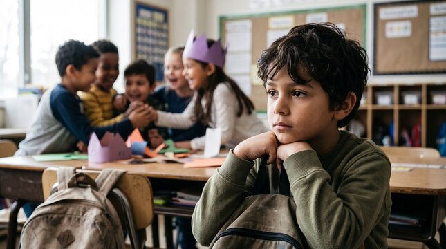 Sad boy feeling excluded while classmates play together in a classroom during a craft activity
