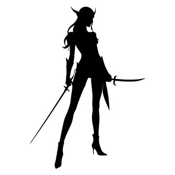 female elf warrior silhouette wielding two crossed swords in dynamic combat pose, dramatic monochrome vector art