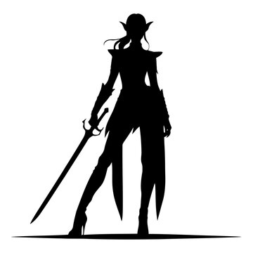 silhouetted female elf warrior with sword in bold monochrome vector, wide brim hat and flowing hair, dramatic pose
