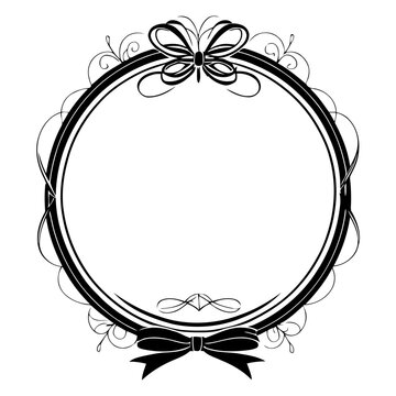 ornamental oval frame with symmetrical floral bow and ribbon, monochrome vector with intricate swirl patterns and thick