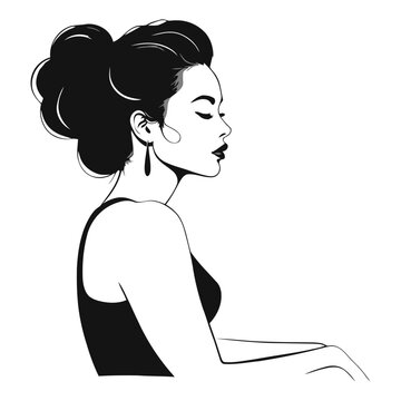 elegant woman profile in sleeveless dress with dangling earrings, monochrome vector line art with smooth shading