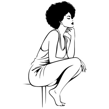 contemplative seated woman in sleeveless dress, voluminous hair, chin on hand, monochrome vector line art