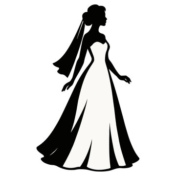 elegant monochrome vector silhouette of bride in strapless gown with flowing veil, minimalist line art