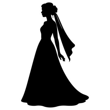 elegant silhouette of a woman in a long flowing wedding gown with veil and bow, minimalist monochrome vector art