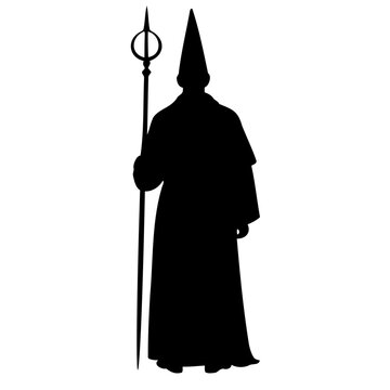 mysterious cloaked figure with pointed hood holding circular staff, monochrome black vector silhouette