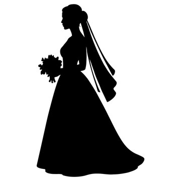 elegant bride silhouette holding bouquet with flowing veil in minimal monochrome vector style