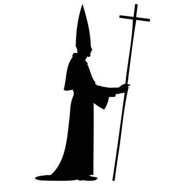 solemn robed figure with tall cross and conical hat, monochrome flat silhouette vector, minimalist line art